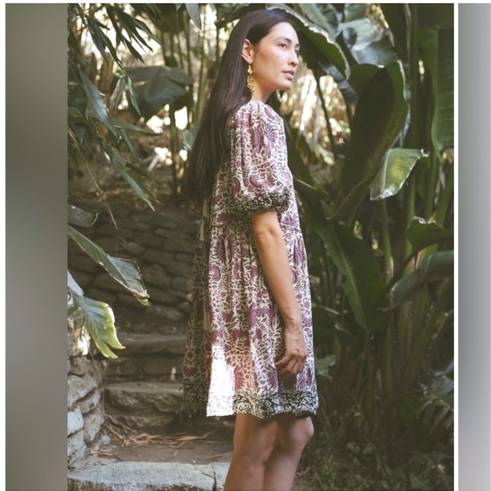 Natalie Martin Haley Dress Pink Boho Silk Batik Puff Sleeve S